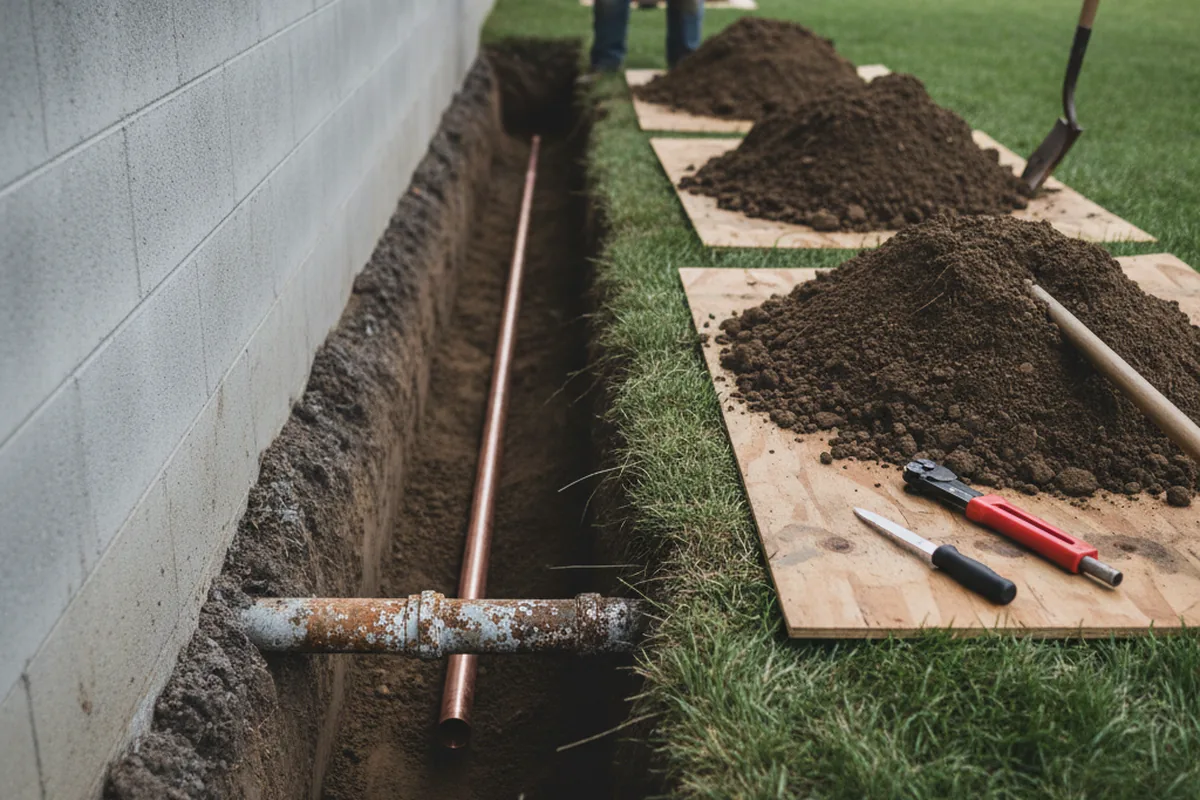 Excavated water line trench during Sewer Line Repair in Berwick